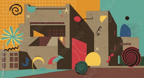 Abstract building shapes with geometric patterns