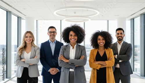 Diverse group of five professionals standing together in a modern office with arms crossed and smiling.