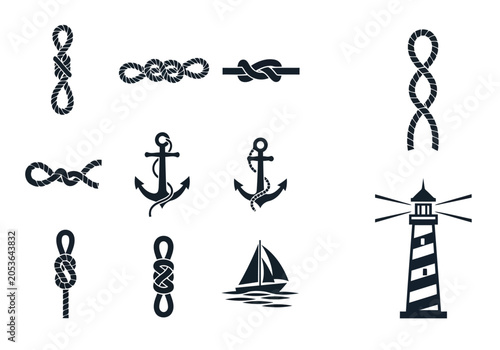 Foto Nautical icons with ropes anchors and lighthouse
