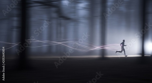 Runner in dark forest with glowing energy lines
