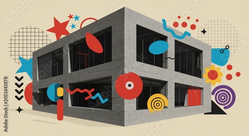 Modern building with abstract geometric shapes