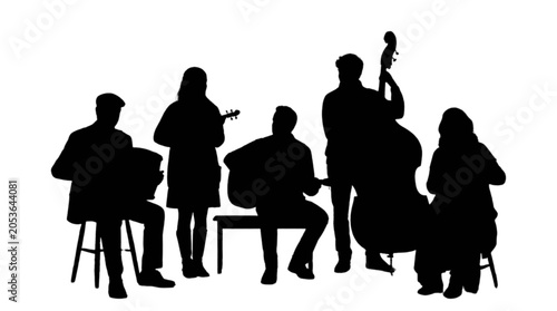 Bilde på lerret Silhouette group of musicians playing instruments together isolated on transpare