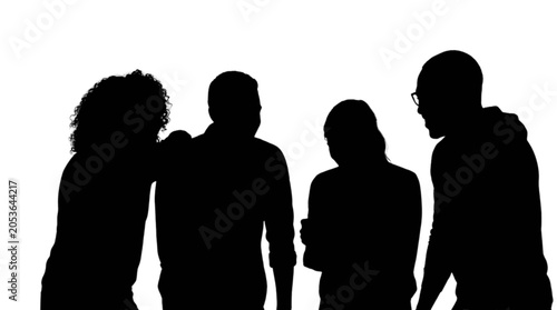 Four people standing close together silhouette isolated on transparent background, Vector