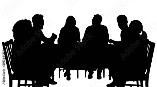 Silhouettes of people sitting in a circle having a meeting isolated on transparent background, Vector