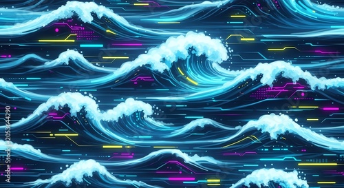 Seamless pattern of neon cybernetic ocean waves