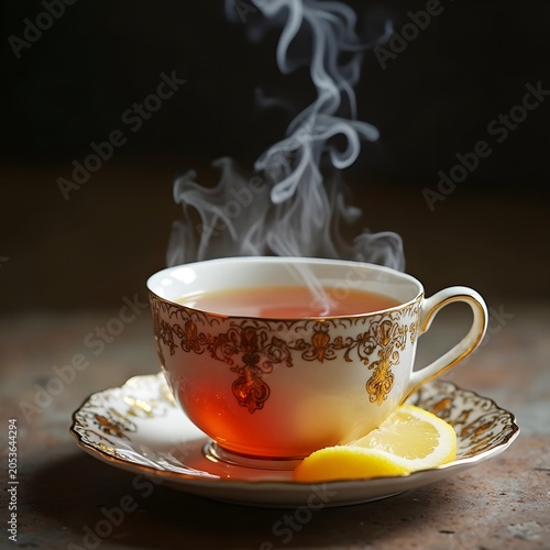 A cup of black tea with lemon slice and steam rising.