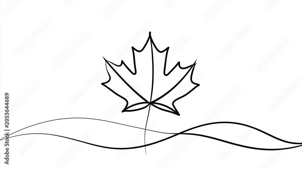 Fototapeta premium A minimalist line drawing of a maple leaf on a white background with wavy lines