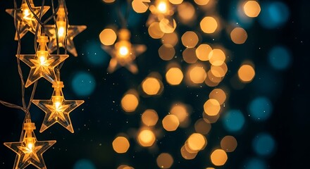 Glowing Star Fairy Lights with Warm Bokeh on Dark Background for Festive Holiday Decor