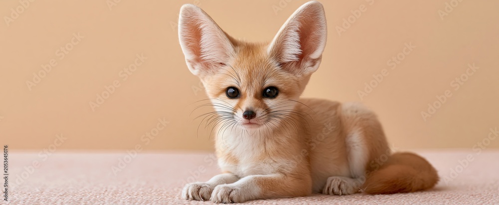 Fototapeta premium Tiny fennec fox with oversized ears resting on a soft pastel backdrop, perfect for nature and pet themes.