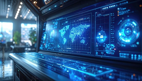 High-tech control center, glowing blue screens display global data
