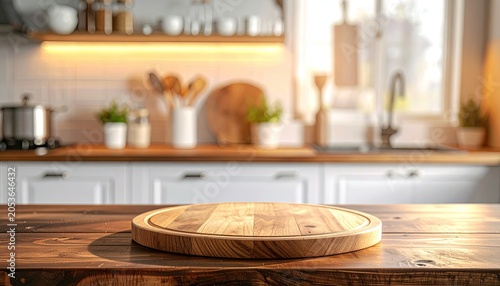 Warm sunlit kitchen with empty round wood board on dark table