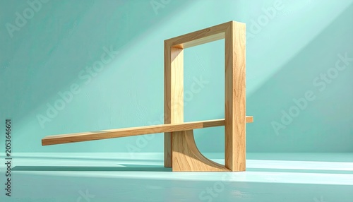 Minimalist light wood frame shelf on a teal background, sunny