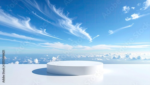 White podium on bright platform under vast blue sky with clouds