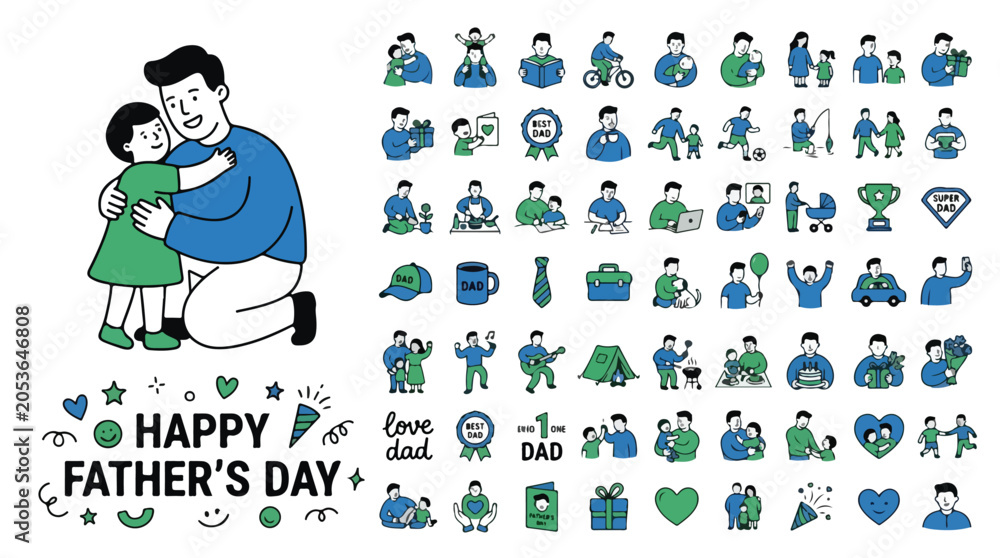 Fototapeta premium Happy Father's Day icon set, 50 flat line fatherhood and parenting vector elements, blue and green dad and child lifestyle illustrations