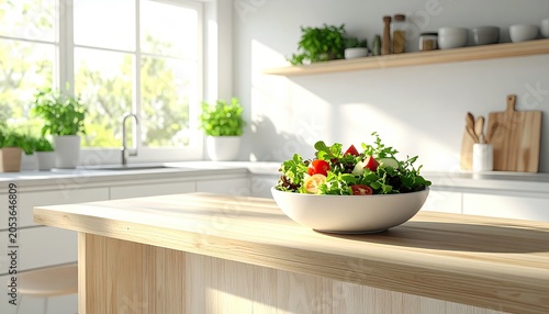 Fresh salad bowl on a sunlit wooden kitchen island, bright scene