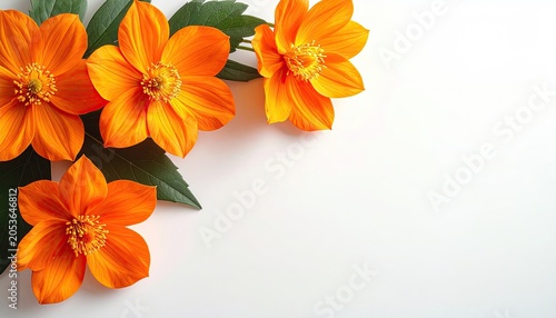 Vibrant orange flowers with green leaves on a clean white surface