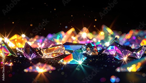 Close-up of many faceted, colorful, sparkling gems on dark