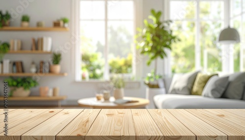 Wooden table foreground, bright blurred living room with plants