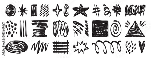 Scribble brush textured shapes marker set collection doodle hand drawn icon. Outline drawing star line clipart symbol.