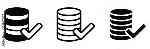 Database cylinder icons with checkmark in black and white for data storage and verification concepts