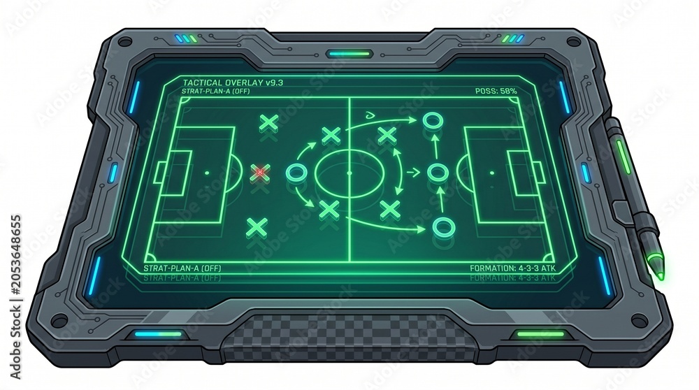 Fototapeta premium Isolated vector asset of a futuristic 3D-looking holographic tactical clipboard, displaying glowing neon green soccer field lines and digital player nodes X and O, cyberpunk sports tech