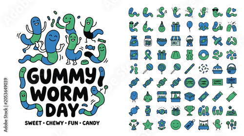 Cuadro en lienzo Gummy Worm Day vector icon set, cute blue and green candy characters, 64 sweet c