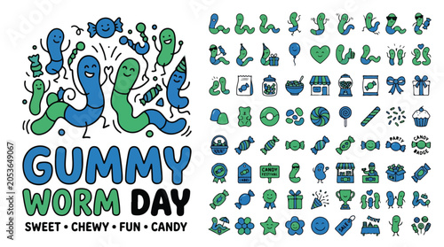 Obraz na plátne Gummy Worm Day vector icon set, cute cartoon candy characters in blue and green,