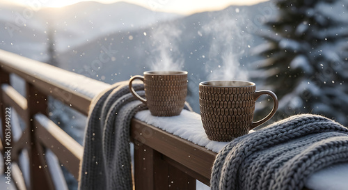 Two steaming mugs on a snowy balcony with a mountain view in winter