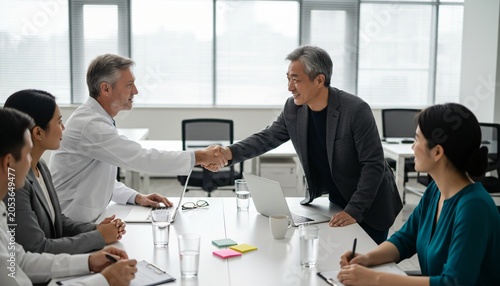 Two businessmen shake hands across a conference table while colleagues observe during a meeting.