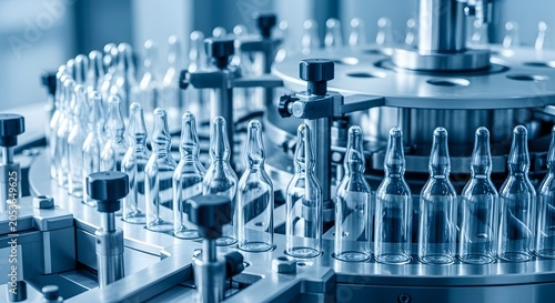 Automated pharmaceutical production line with sterile glass ampoules moving on a conveyor belt in a sterile cleanroom environment, blue tones.