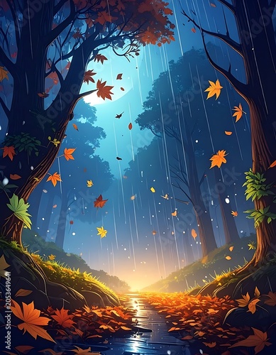 A serene forest scene with rain, sunset, and fallen leaves