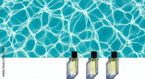 Three elegant perfume bottles with golden liquid sit on a white surface against the vibrant turquoise water of a sunlit swimming pool.