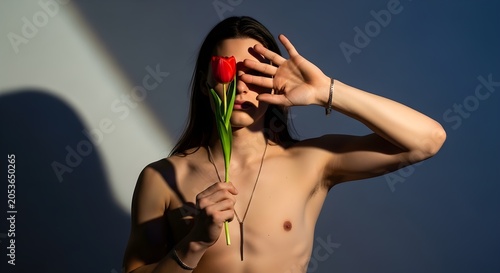 A young man with long hair holds a red tulip in front of his eye, partially obscuring his face, in a dramatic, shadowy studio setting.
