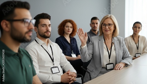 A group of diverse professionals attending a business meeting or seminar, with one woman raising her hand to ask a question.