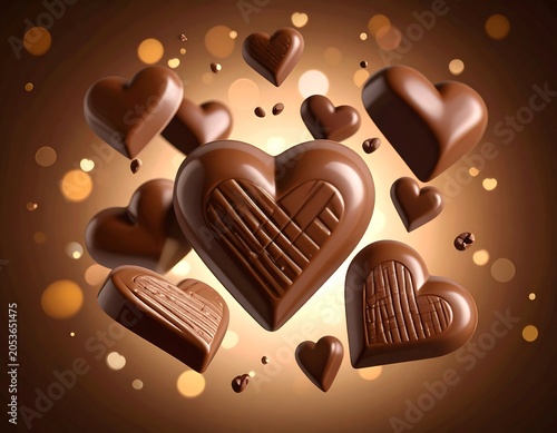 Several shiny, heart-shaped chocolates float against a blurry golden backdrop, with some detailed patterns