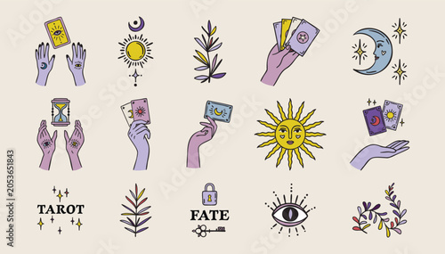 Bild auf Leinwand Boho set of tarot and plants, witch hands, fortune teller elements, astrology th