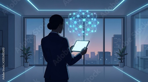 Businesswoman using tablet with glowing network nodes in office