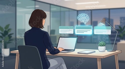 Professional working on laptop with brain and task list icons
