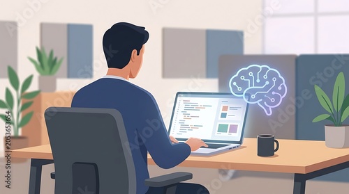 Software developer working on brain model on laptop in office