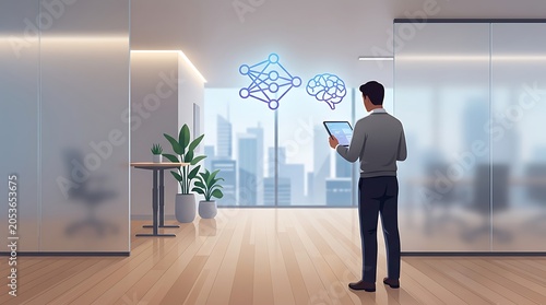 Professional holding tablet with neural network and brain icons