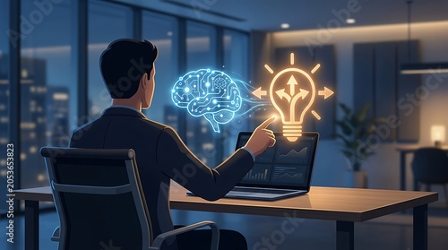 Businessman interacting with glowing artificial intelligence brain icon