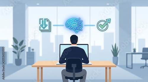 Businessman working on laptop with brain and file transfer icons