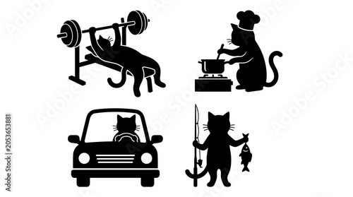 Set of four black cat silhouettes engaged in different activities like weightlifting cooking driving and fishing