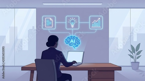 Businesswoman using laptop with brain and data reporting icons