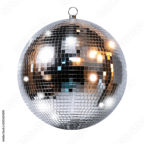 A detailed isolated disco ball with mirrored facets, reflecting vibrant, colorful lights. It is suspended by a metal chain, suggesting a festive party atmosphere.