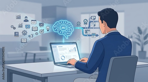 Professional man using artificial intelligence tools on laptop in office