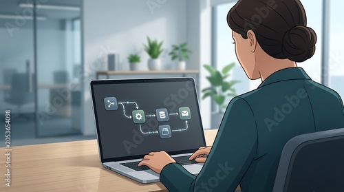 Business professional working on digital process workflow on laptop screen