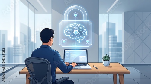 Businessman working on laptop with glowing security lock icon