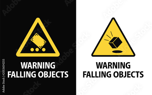 Falling objects warning sign black and white versions for safety communication