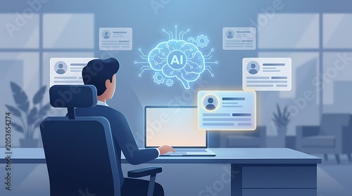 Professional worker managing digital profiles with brain analysis
